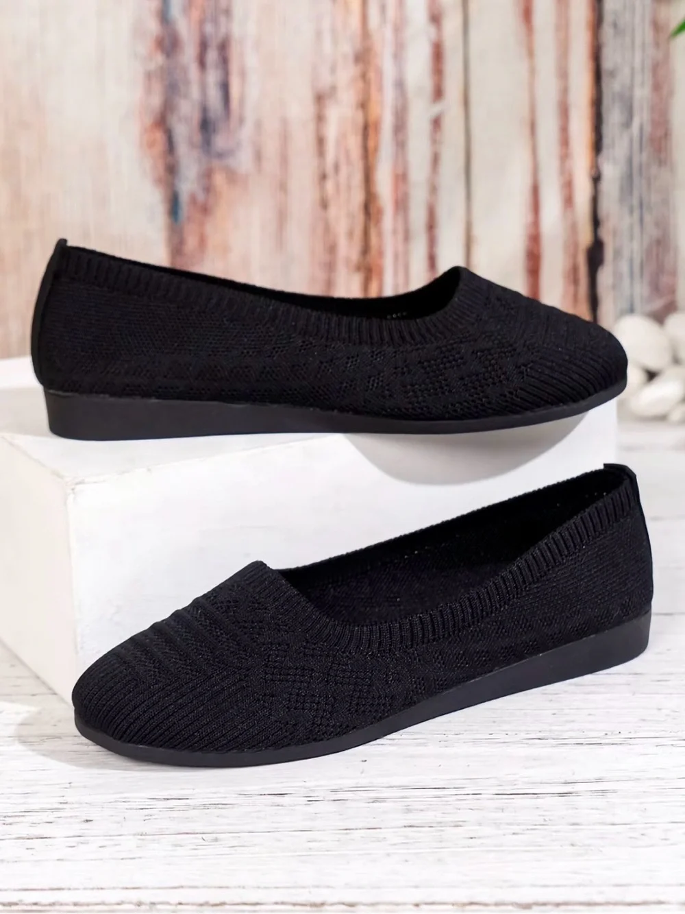 Brand new round toe black knit shoes, PU leather sole, size 8